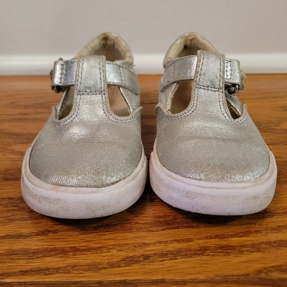 Keds Girls Daphne T-Strap Mary Jane Shoes Hook Loop Silver Leather Toddler Sz 7